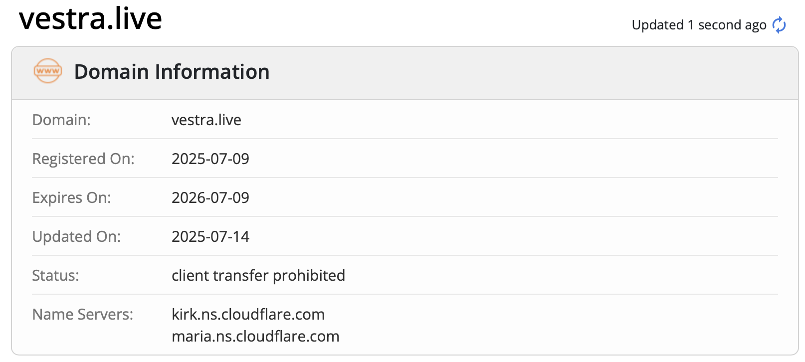 The vestra.live domain has been operating since the mid-2025.