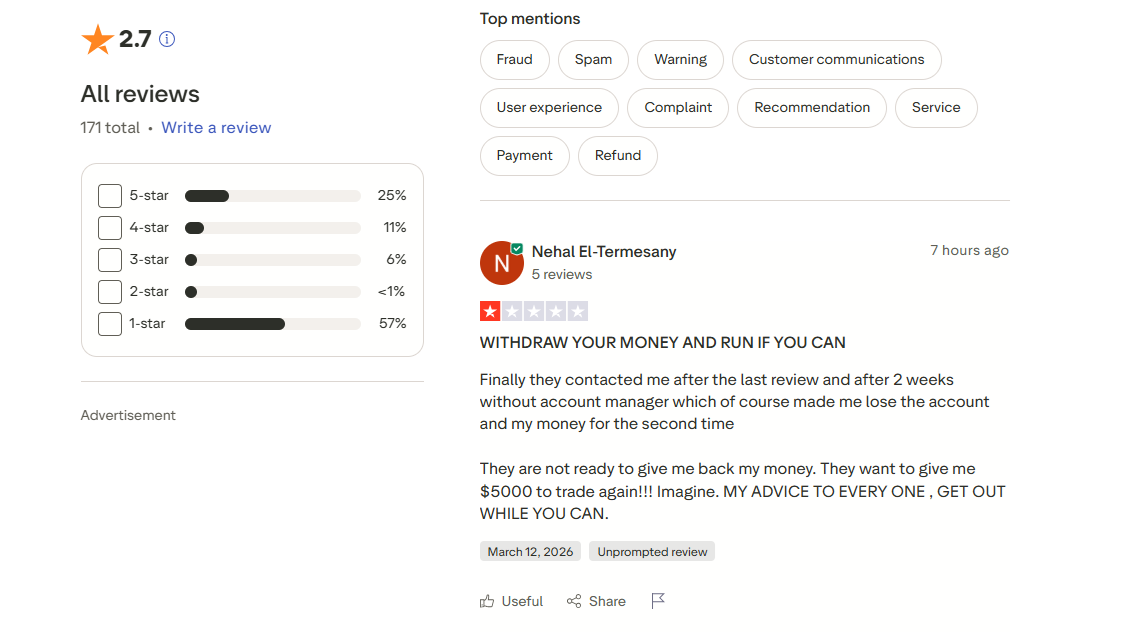 Snapshot of user feedback and ratings on the Trustpilot platform.