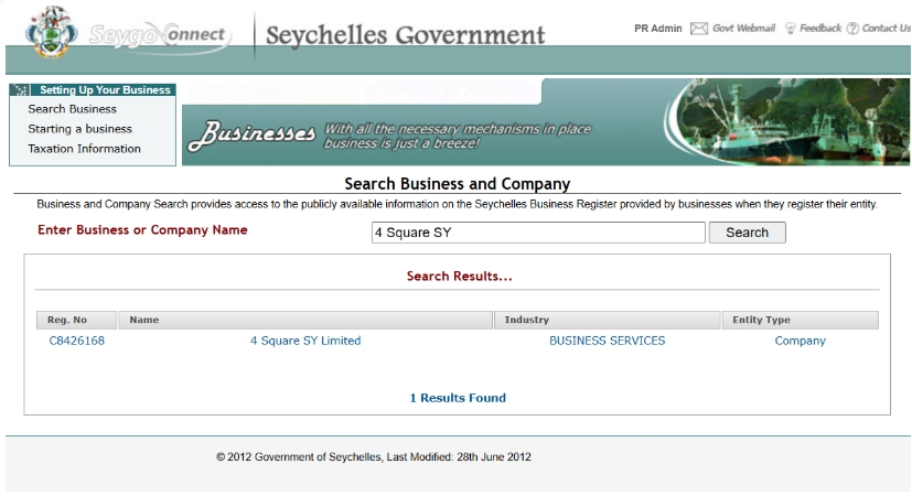 The legal entity is listed in the Seychelles registry.