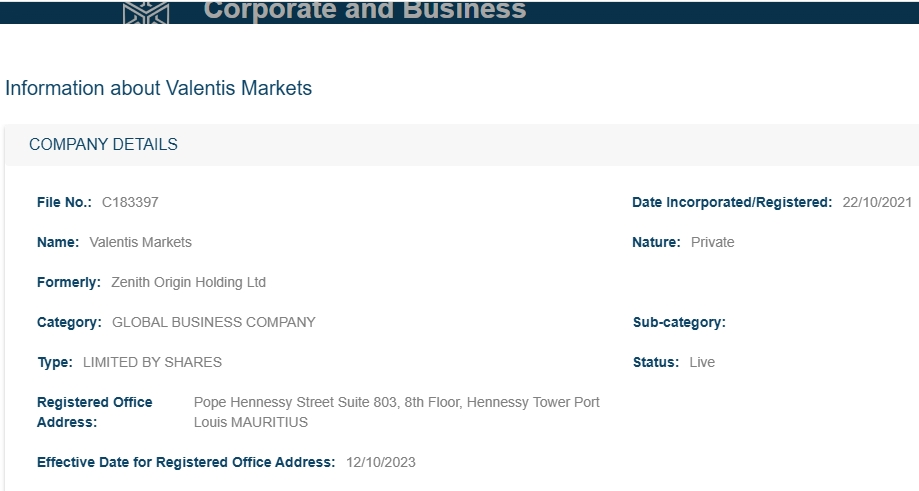Valentis Markets is listed in the FSC database; however, there is no documented evidence of a direct link between this licensee and the ifexcapital.com website