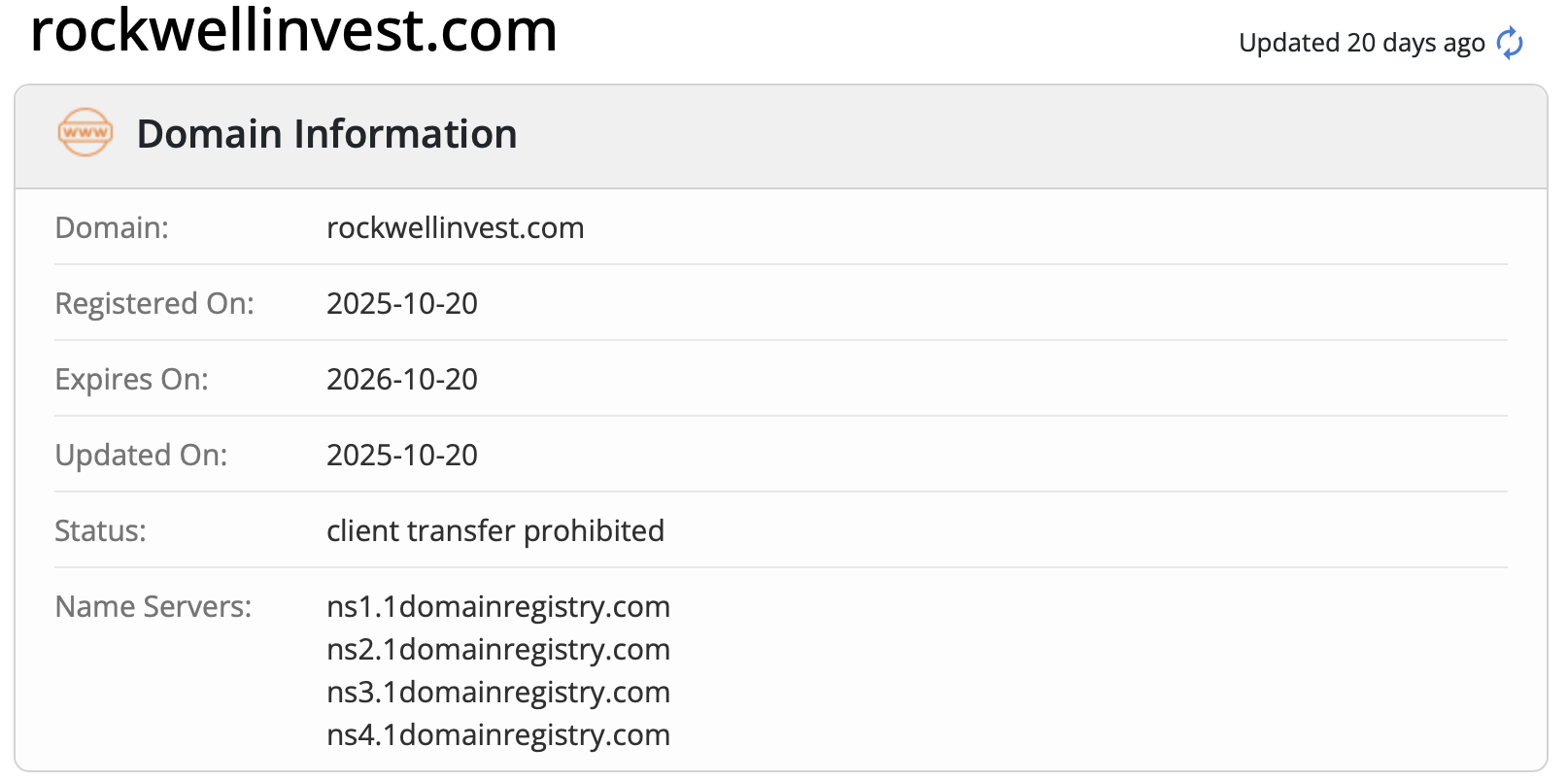 The rockwellinvect.com domain check has been conducted.