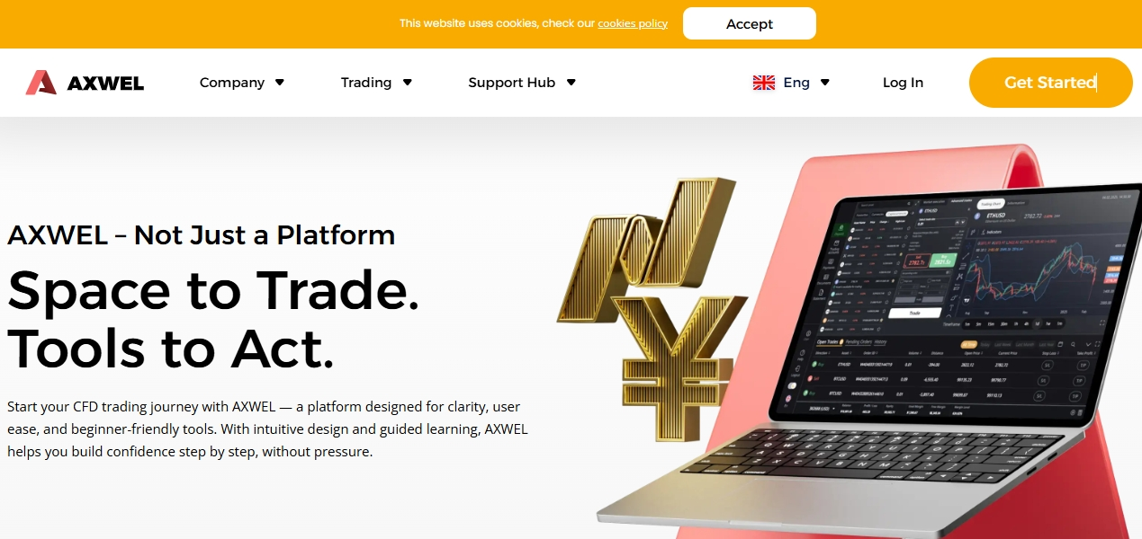 The axwel.com homepage features a typical financial intermediary design, which hides a complete lack of transparency and real names behind a glossy facade