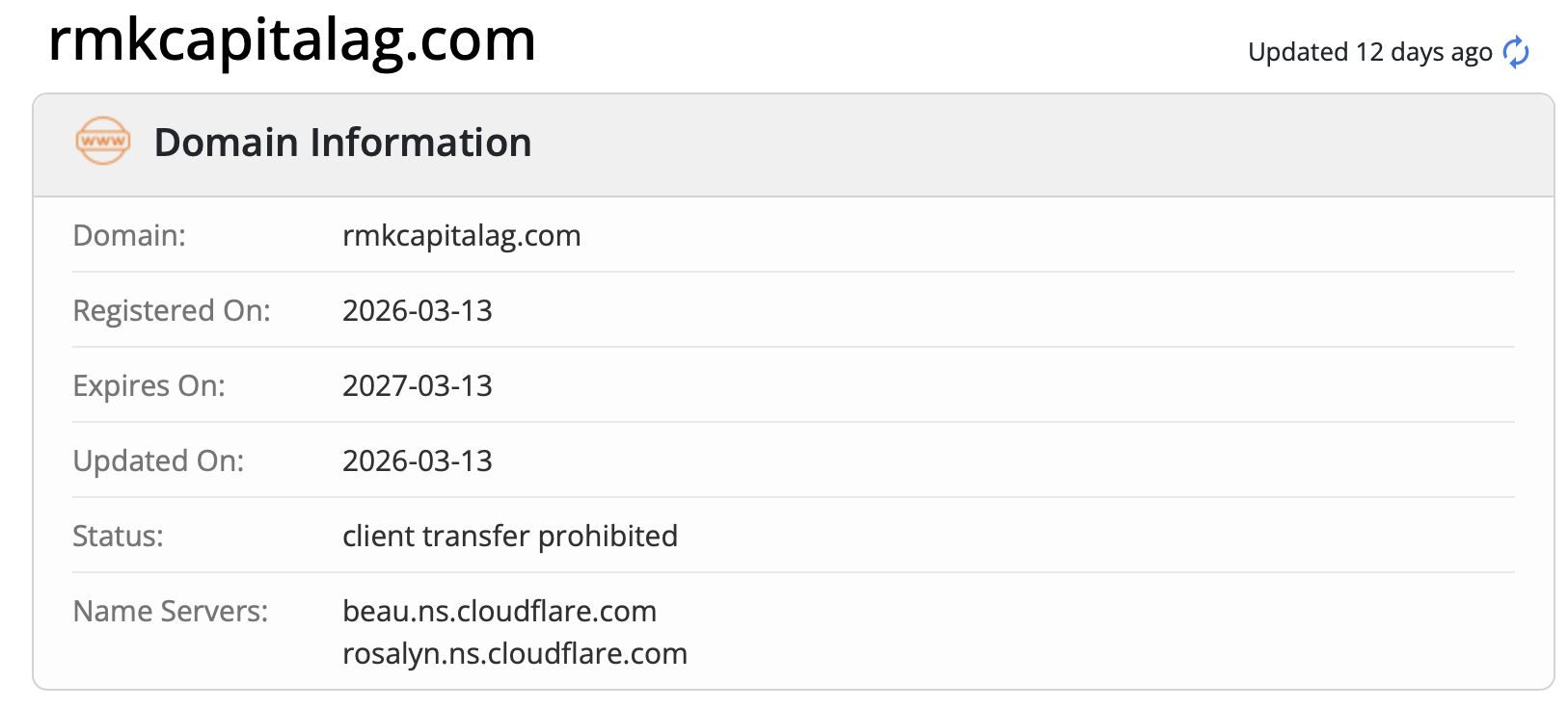 Domain records trace the firm's inception back to early 2026.