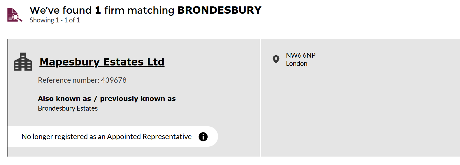 Search results showing that the broker has no FCA license.